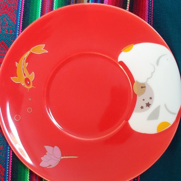 ๐ Kitty Cup & Saucer with Spoon, Red with Koi and Lotus design on Saucer - Picture 7 of 12